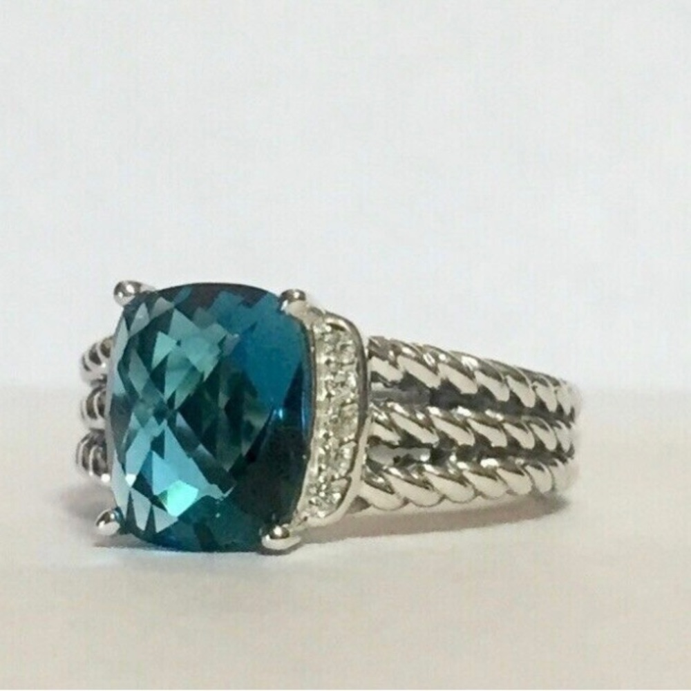 David Yurman 10x8mm Blue Topaz and Diamond Petite Wheaton Ring Size 7